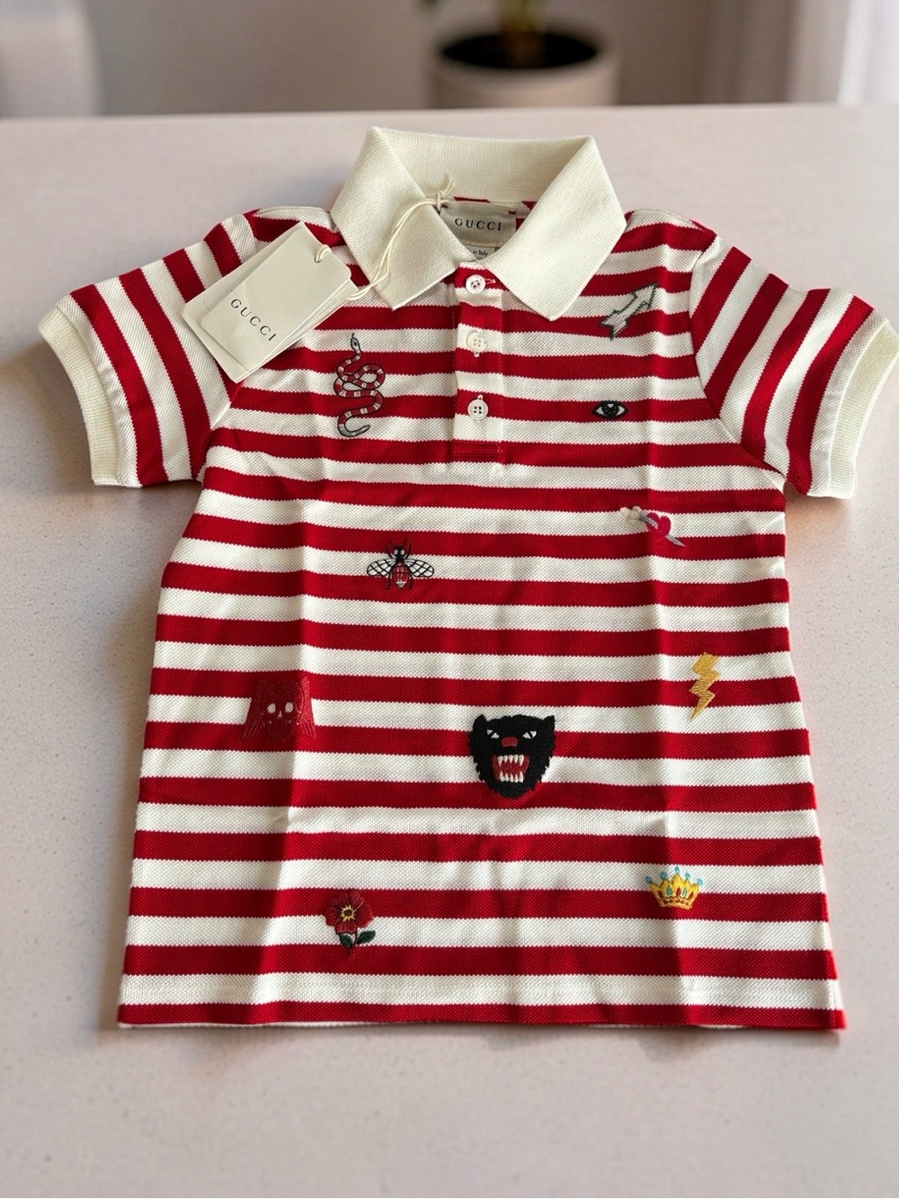 ⚡️Gucci Kids Embroidered Striped Polo Shirt Red Ivory Size 4 NWT